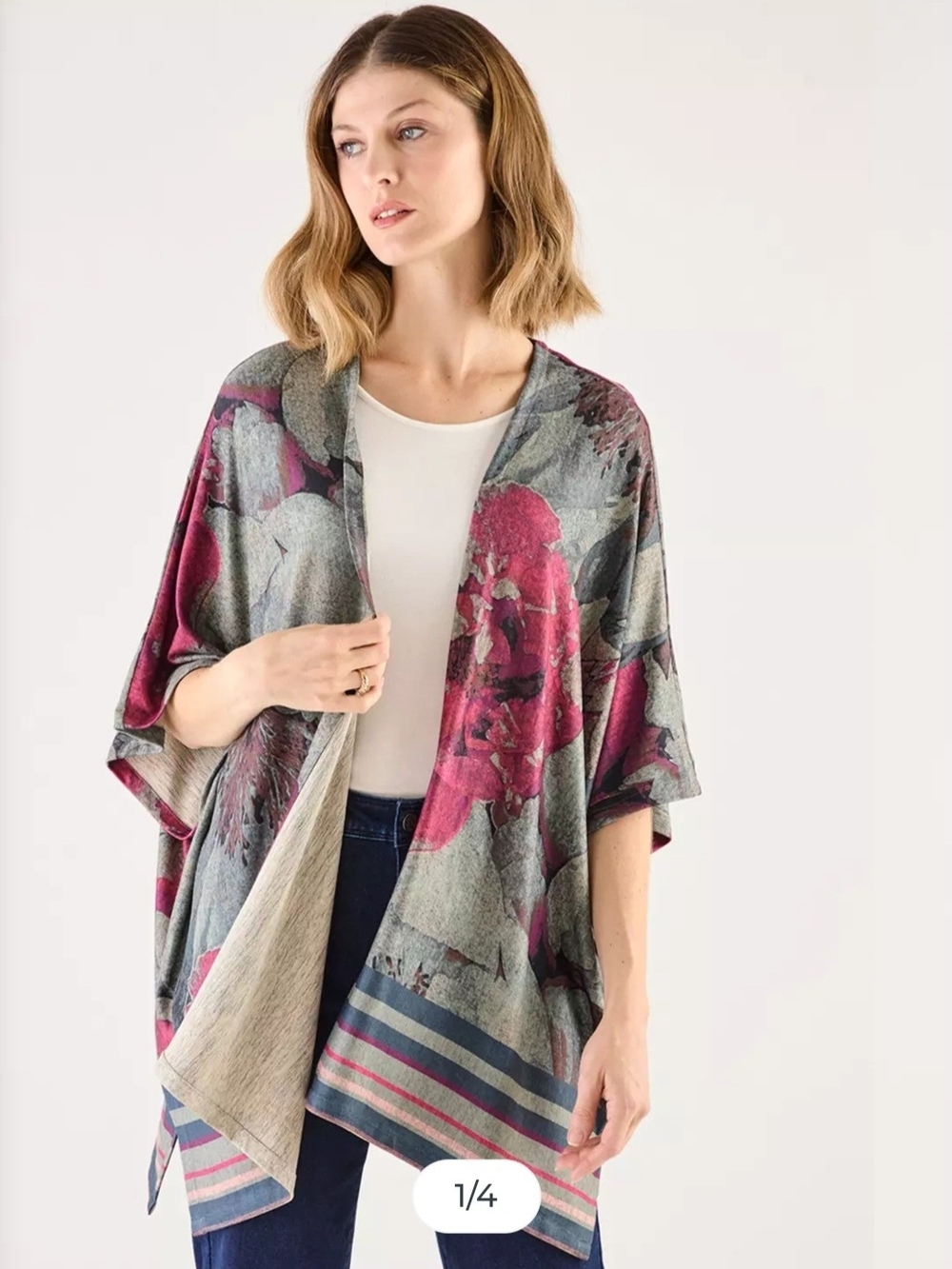 Chico's Floral Open-Front Poncho Sweater - Pink & Gray